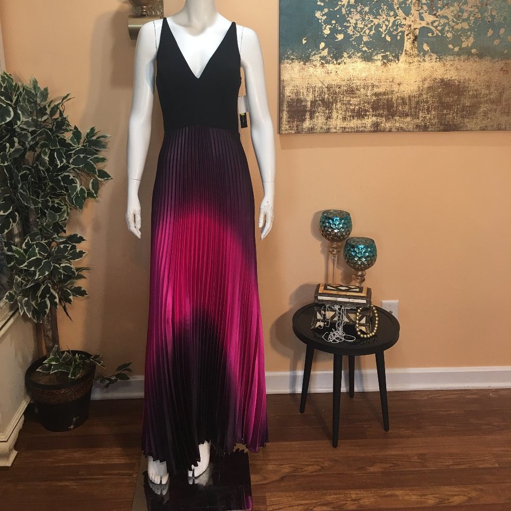 Betsy & Adam Black to Fuchsia Ombre Pleated V-Neck Evening Gown